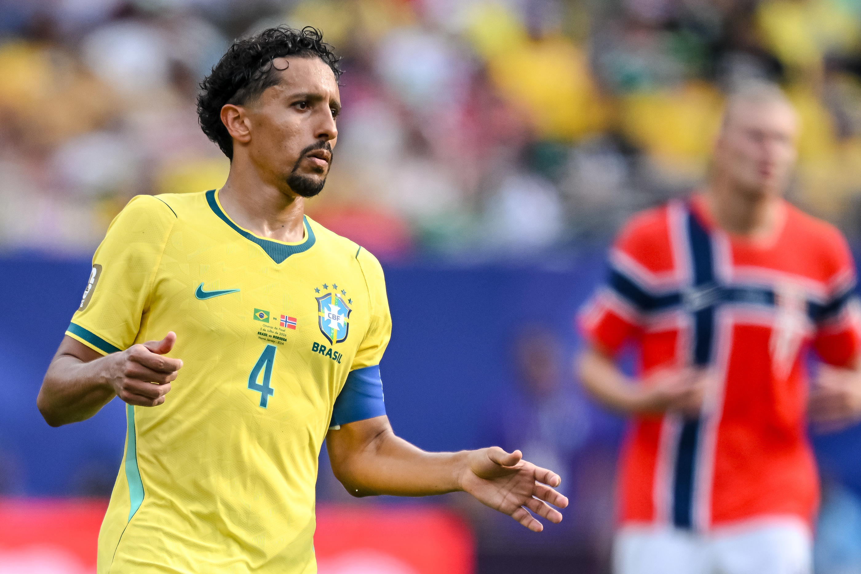 Marquinhos, capitaine de la sélection du Brésil lors du match contre la Norvège.
